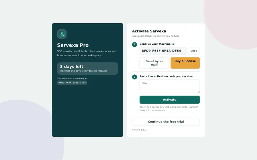 Sarvexa SEO tool activation window with 3 days left