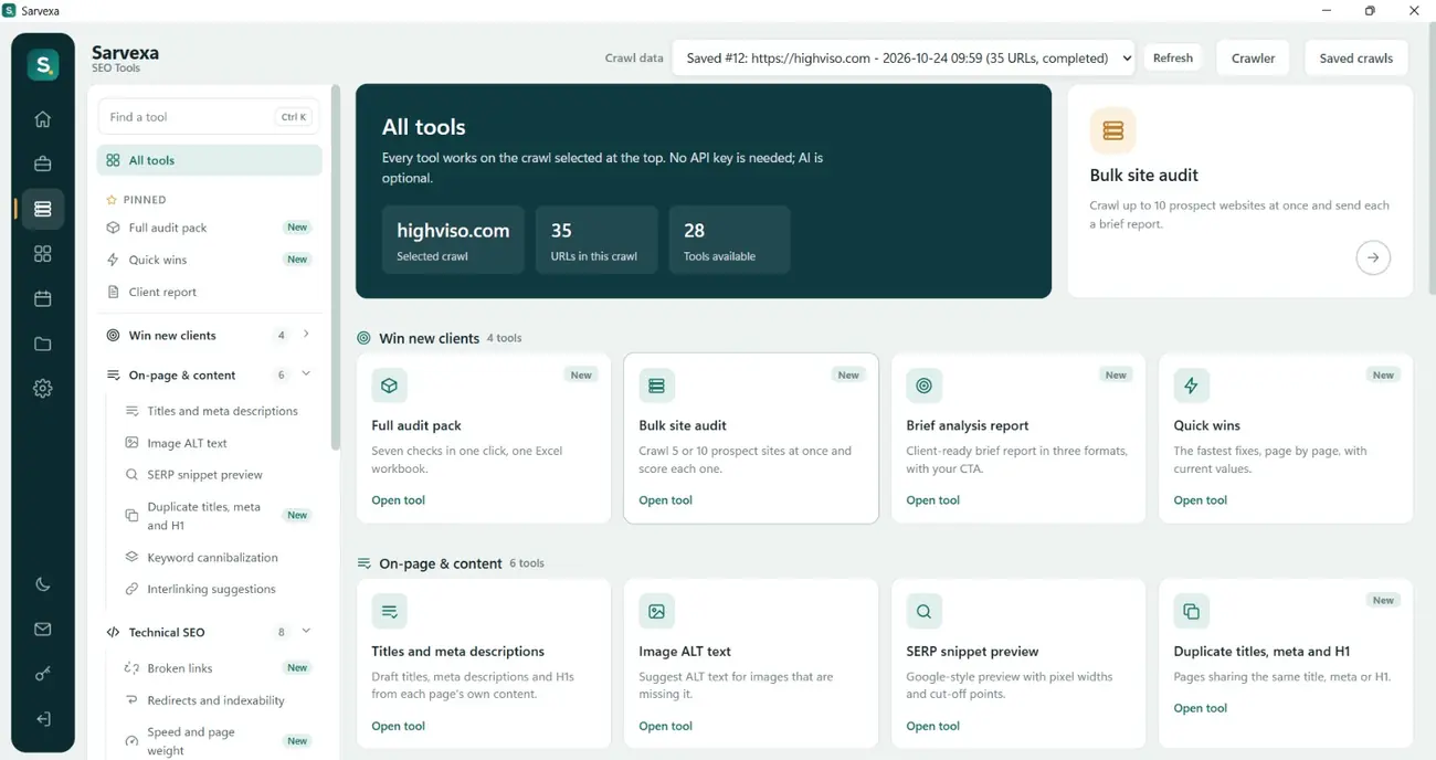Sarvexa website audit tool dashboard with 28 SEO tools